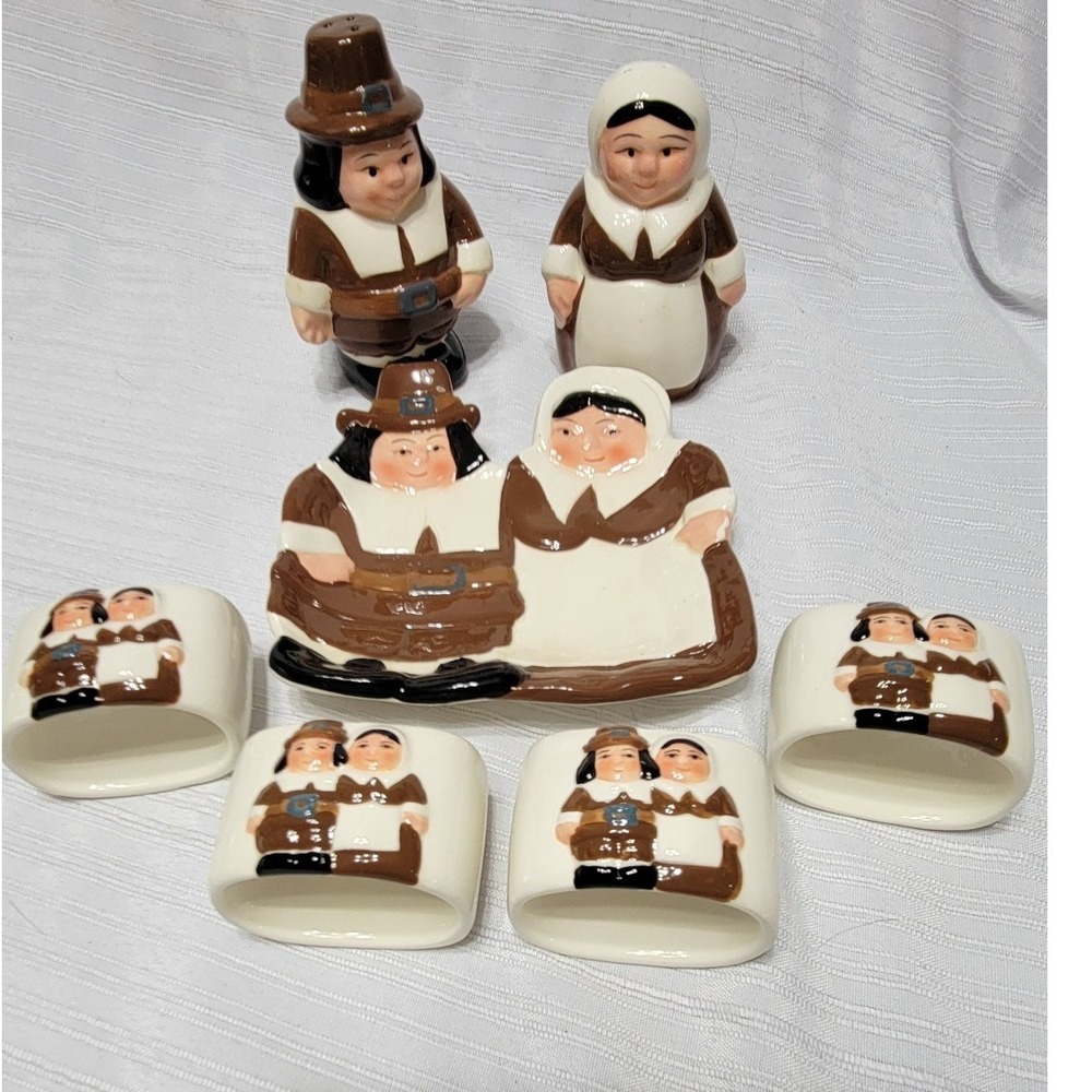 Y2K Vintage Thanksgiving Publix Pilgrim Salt Pepper Spoon Rest Napkin Rings - Picture 5 of 8